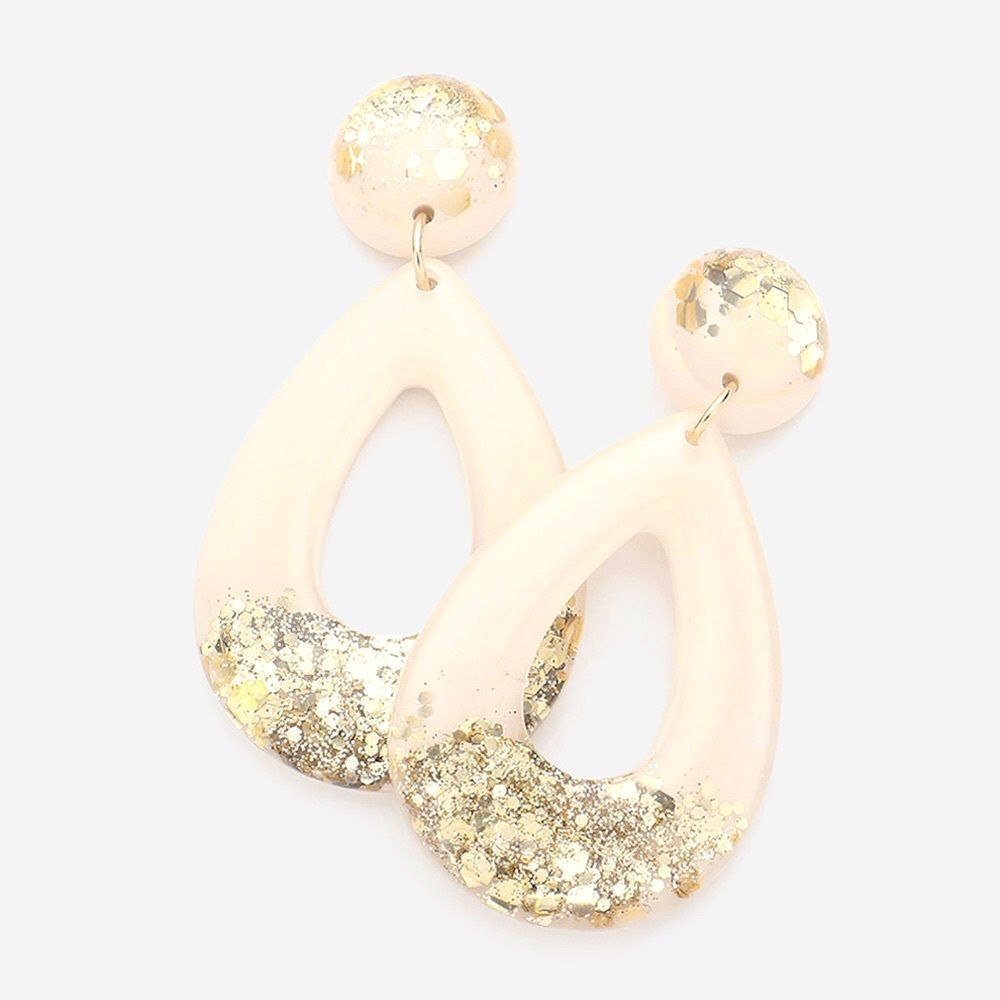 Cream & Gold Glittered Resin Open Teardrop Drop Statement Earrings
